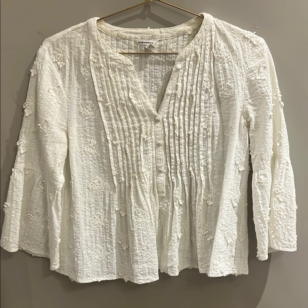 CLUB MONACO White Bell Sleeve Blouse with Mandarin Collar